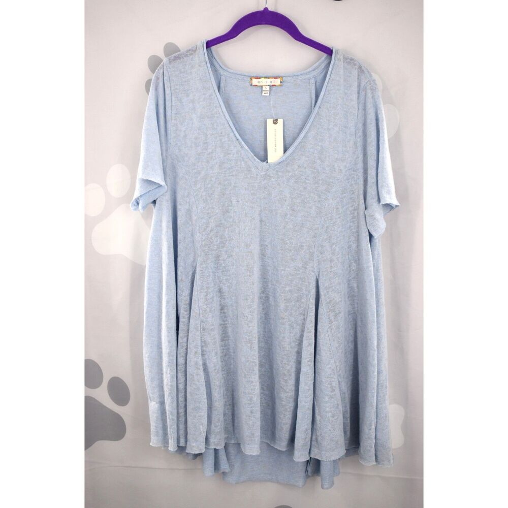 Eri + Ali NWT Anthropologie Short Sleeve Flared Burn Out Tee Blue Size Large New